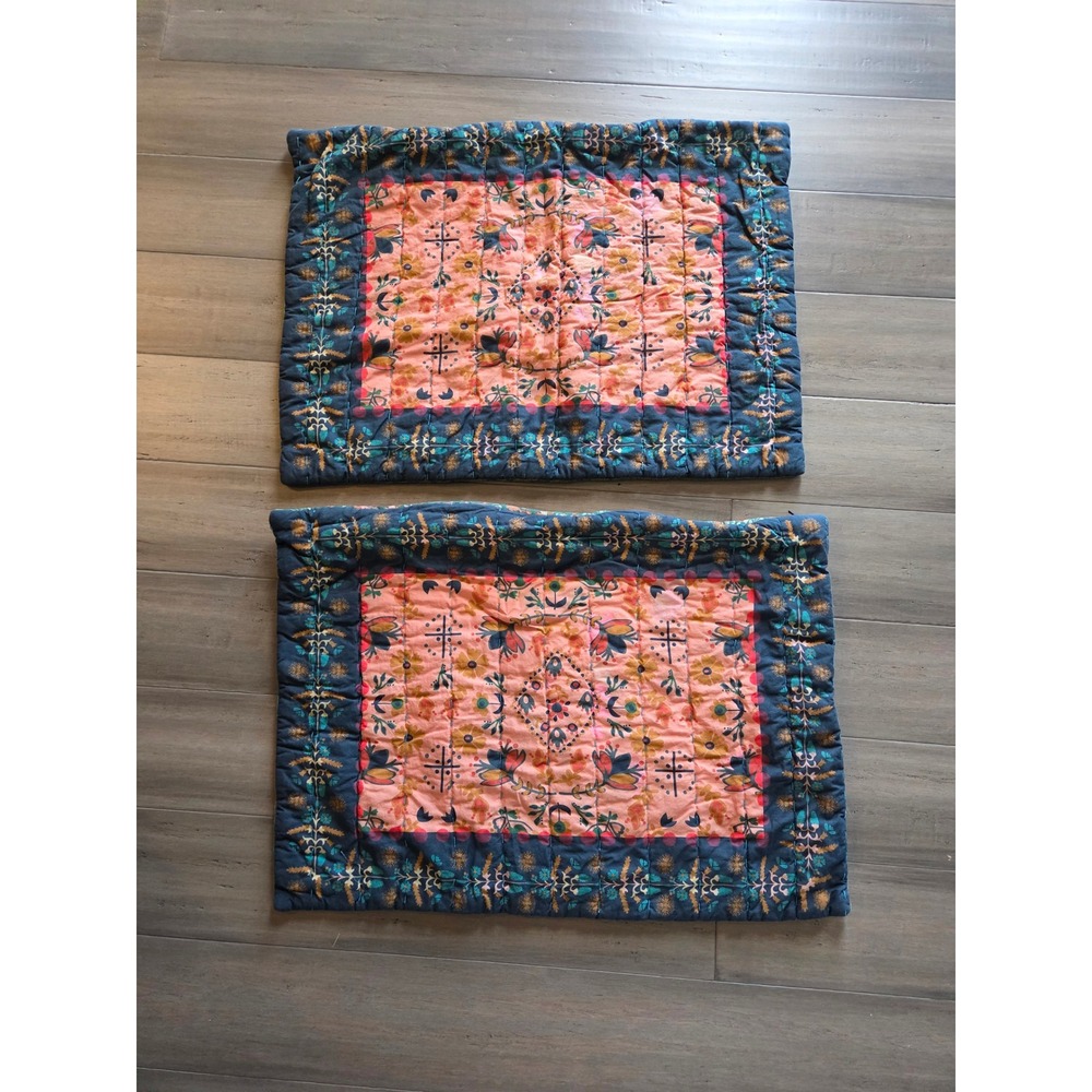 Natural Life Quilted Cotton Pillow Sham Set Floral Boho Reversible Pink Green